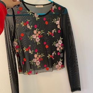 See through mesh long sleeve embroidered crop top